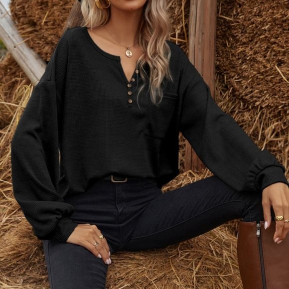 Boho Casual green Button Oversized Waffle Knit Top - Picture 4 of 7